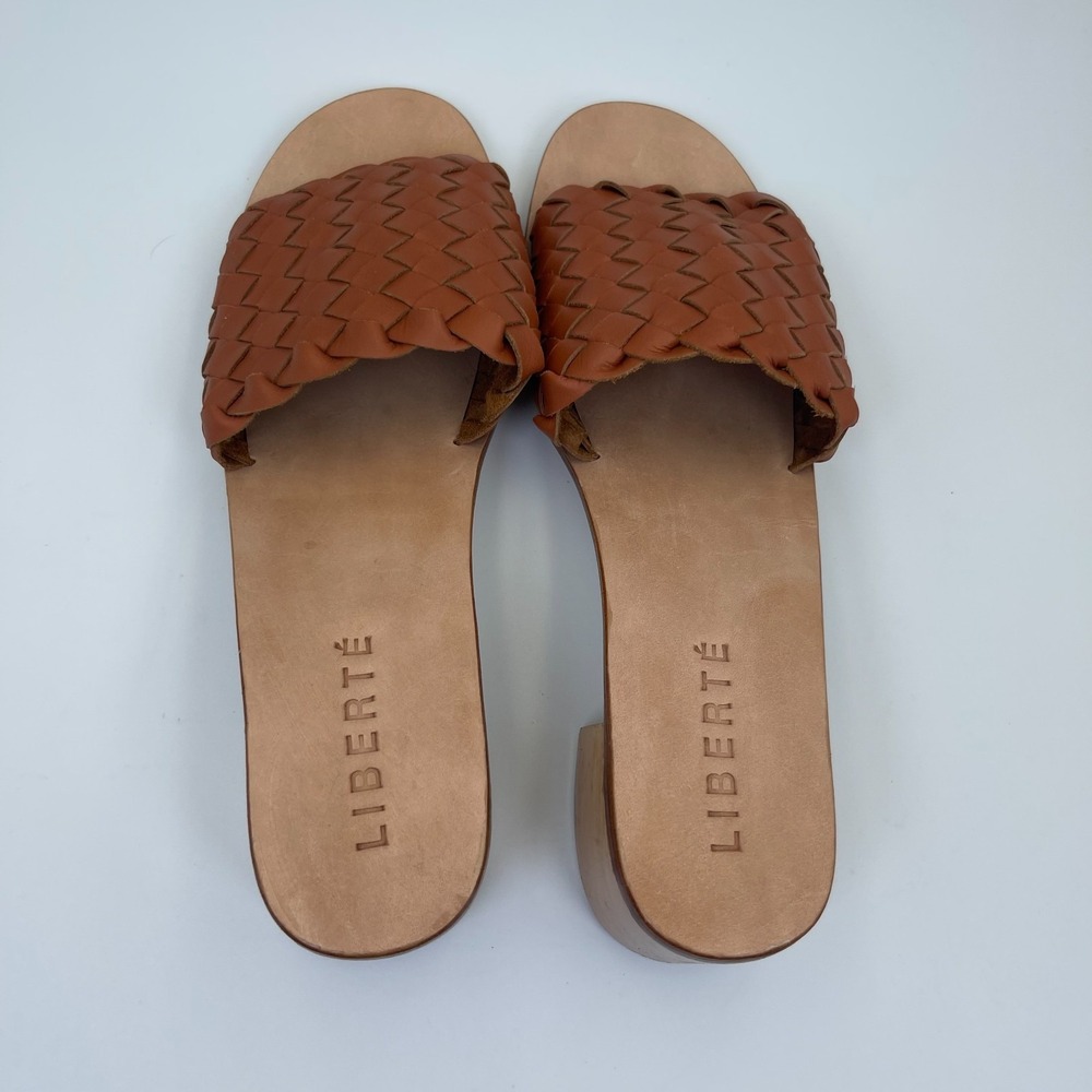 Liberté Santorini Mule Women US 12 Cognac Leather Woven Block Heel Slip On Shoes - Picture 6 of 10